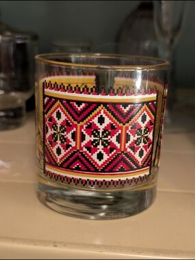 Decorative Red Patterned Glass Tumbler with Gold Trim
